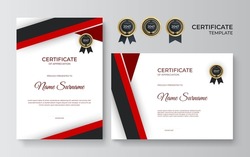 Modern red black certificate. Certificate of appreciation template, red and black color. Clean modern certificate with gold badge. Certificate border template with luxury and modern line pattern.