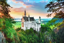 Neuschwanstein landscape panorama picture of the fairy tale castle near Munich in Bavaria, Germany