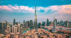 Dubai - amazing city center skyline with luxury skyscrapers at sunrise, United Arab Emirates