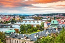 Scenic view of bridges on the Vltava river and historical center of Prague,buildings and landmarks of old town,Prague,Czech Republic