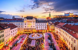 View on main square and Christmas market in historical center of Bratislava city, Slovakia.