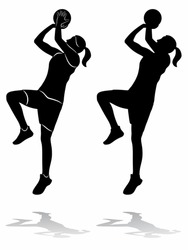 isolated silhouette of a woman basketball player, black and white vector drawing, white background