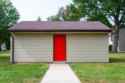 new shed with red doors storage front
