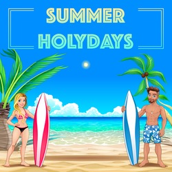 Summer poster for holidays with surfers and sea. Vector illustration