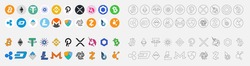 Cryptocurrency symbol, A set of coins for cryptocurrency logos: Bitcoin, Ethereum, Tether, Cardano, Binance Coin, Polkadot, XRP, Uniswap, Chainlink, Litecoin, Nom, Monro, nem, Ripple  . vector