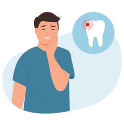 Toothache concept.Young male feeling pain, holding his cheek with hand, suffering from bad toothache. Man with  painful expression.Caries. Severe tooth pain. Vector illustration 