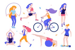 Woman activities. Set of women doing sports, yoga, riding the bicycle, roller-skating, jogging, jumping, fitness. Sport women vector flat illustration isolated on white background in different poses