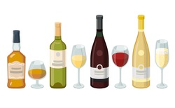 Wine and cognac bottles and wineglasses. Grape product, vector illustration isolated on white background.