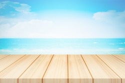 Beige color of wooden table with blue sky and sea background, Summer Background