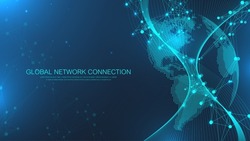Global communication network concept. Social network communication in the global business. Big data visualization. Internet technology. Vector illustration.