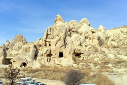 Ancient troglodyte houses in caves. Traditional architecture in Cappadocia. Goreme, Turkey. Unesco world heritage