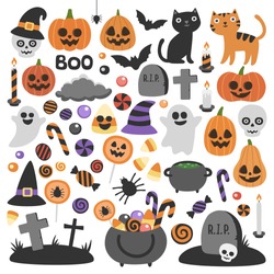 Smiling and funny Halloween illustrations set: pumpkin, ghost, cat, bat, candy jar. Isolated icons