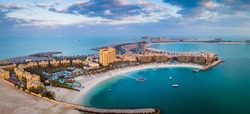 Marjan Island seafront reclaimed land artificial island in emirate of Ras al Khaimah in the United Arab Emirates aerial view at sunrise