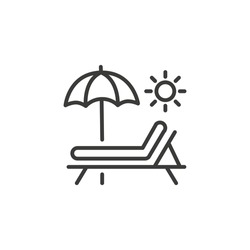 Sunbed line icon. Simple outline style. Resort, beach, chair, furniture, lounger, parasol, relaxation, sea, summer concept. Vector illustration isolated on white background. Thin stroke EPS 10.