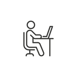 Man behind computer desk line icon. Simple outline style. Person, work, laptop, table, chair, seat, workplace concept. Vector illustration isolated on white background. Thin stroke EPS 10.