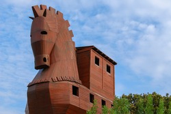 Trojan horse - made of wood, tourist attraction in the ancient city of Troya  - Hisarlik in Turkey.