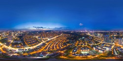 Aerial panorama cityscape of Kuala Lumpur,Malaysia(Bangsar). Drone shot. Full VR 360 degree.Night view/Late evening