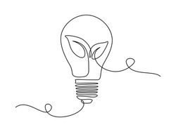 Plant inside Lightbulb in one line drawing. Creative concept of Green energy and environmental friendly sources. Editable stroke. Vector illustration