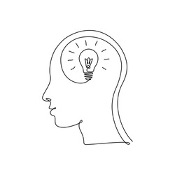 Continuous one line drawing light bulb inside head. Concept of creative idea, education and imagination in linear style. Doodle Vector illustration