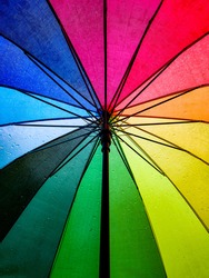 Raindrops seen from the inside of a rainbow coloured umbrella