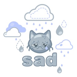 sad gray smiley face with a cat's face under a rain cloud