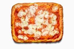 Square crust  pizza with tomato sauce and mozzarella cheese isolated on white background, top view flat lay