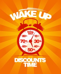 Wake up, discounts time. Sale design template with alarm clock