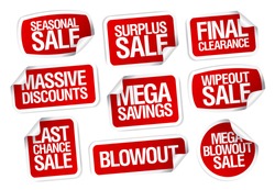 Mega savings, sale stickers set.