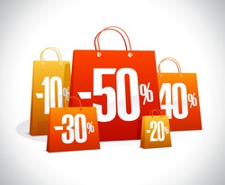 Sale poster, many paper shopping bags with discount percents