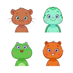 Vector set of forest and aquatic animals. Isolated cute baby otter, turtle, frog, beaver. Hand drawn character.
