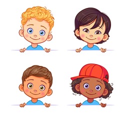 Cartoon collection of little boys portraits, various human races. Vector children characters of different nationalities with billboard.