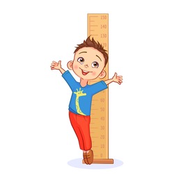Happy boy measures his growth with a big ruler and stands on the tiptoe. Funny pediatric vector art on white background.