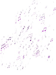 Music notes, treble clef, flat and sharp symbols flying vector background. Notation melody record classic signs. Audio album background. Purple violet melody sound notes icons.