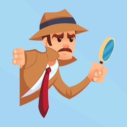 Noir detective with magnifying glass peeking out the corner cartoon flat design vector illustration eps10