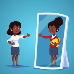 young african, american Businesswomen standing in front of a mirror looking at her reflection and imagine herself successful. Business cartoon vector concept.