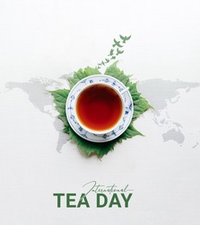 International Tea day. green Tea with leaf, bird and world map concept . design for social media. 335