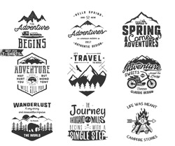 Spring adventure and mountain explorer typography labels set. Outdoors activity inspirational insignias.Silhouette hipster style. Best for t shirts, mugs. Vector patches isolated on white background.