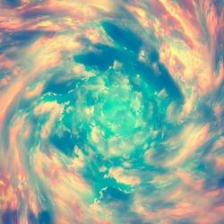 Spiral tunnel from clouds. Bright colorful fairy tale square background. Abstract texture heaven concept. Vintage toned.