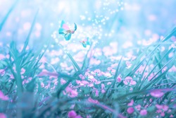 Beautiful micro Veronica persica wildflowers, butterfly in the dreamy meadow. Delicate pink and blue colors pastel toned. Shallow depth macro background. Nature floral springtime.
