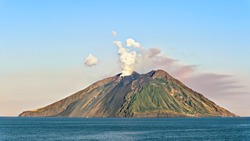 The island Stromboli near Sicily on Tyrrhenian sea. Stromboli is the most active volcanoes in Europe.