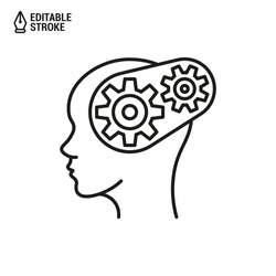 Head with gear icon. Concept of brain work. Cogwheels in the head. Vector outline icon with editable stroke