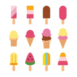 Ice creams isolated on white background. Chocolate, Vanilla, Ice cream cone. Ice cream on stick. Watermelon on stick