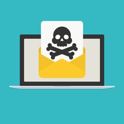 Laptop and envelope with skull and crossbones. E-mail spam, hacking, internet virus concept. Vector flat icon