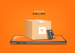 A parcel box with a shopping cart image. and credit cards placed on smartphones and all object on orange background for delivery and shopping online concept,vector 3d for shopping on application