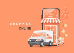 Parcel delivery truck parked in front smartphone shop and the parcel box was floating out of the shopping cart for delivery and shopping online concept design,vector 3d isolated on pastel pink