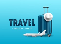 plane was parked in front luggage bag or baggage with a white hat is placed on top for travel concept design ,vector 3d on blue background for advertising stimulate tourism ,vector virtual template