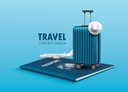 luggage or baggage and planes placed on passport for making advertising media about tourism and all object on blue background, vector 3d on blue background for travel and transport concept design