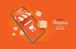 White search icon and a shopping cart icon are placed on the smartphone shop  screen and there are parcel boxes floating around it,vector 3d for delivery
 and online shopping concept design