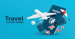 Airplane flying in front of the passport and there was a suitcase with beach lounging gear floating beside it for travel summer concept design,vector 3d isolated for air freight and travel advertising