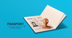 A wooden rubber stamp on a girl's blue passport template for designing advertising media for international travel and tourism,vector 3d isolated on blue background 
